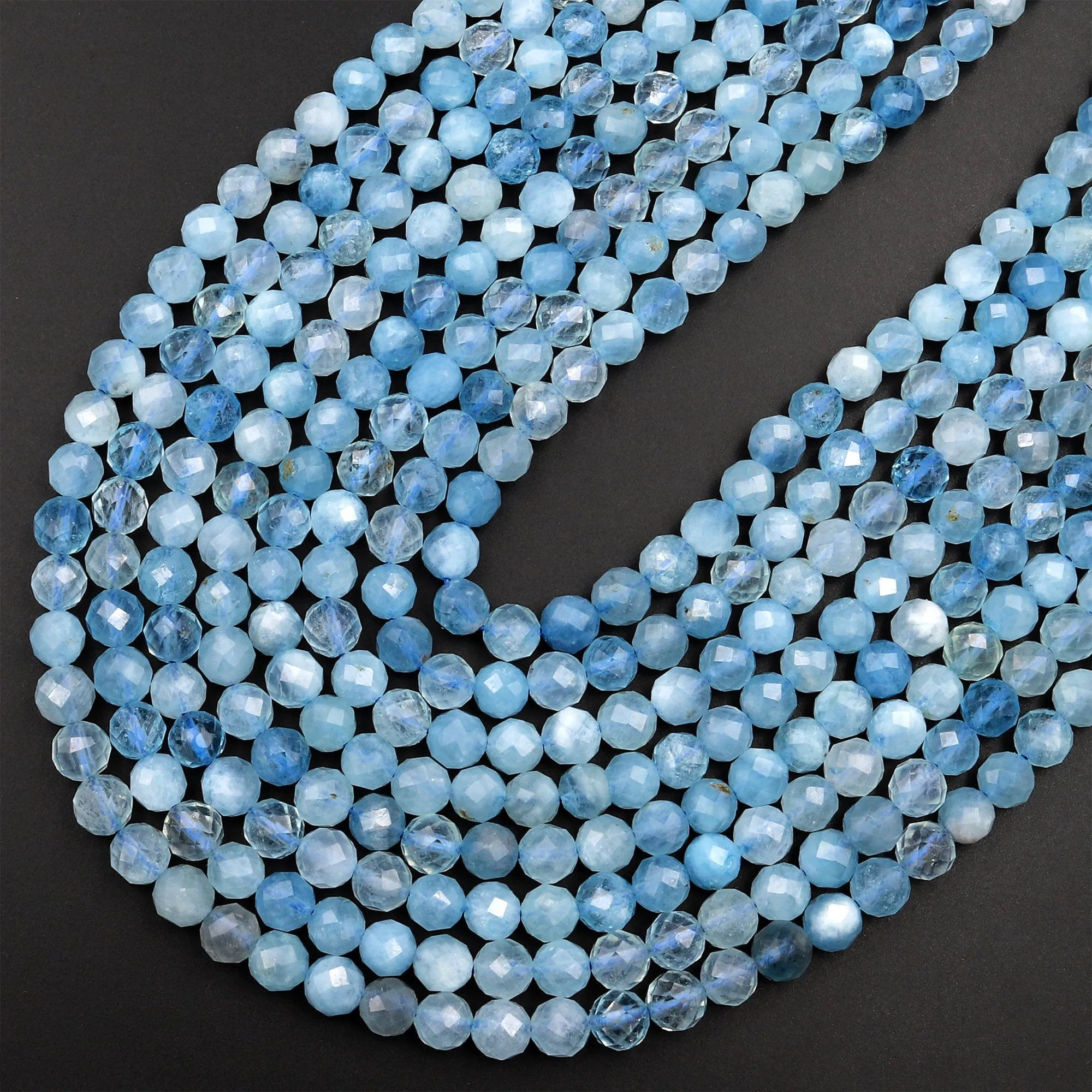 AA Faceted Natural Blue Aquamarine 4mm 5mm 6mm Round Beads Micro Laser Diamond Cut Gemstone 15.5" Strand