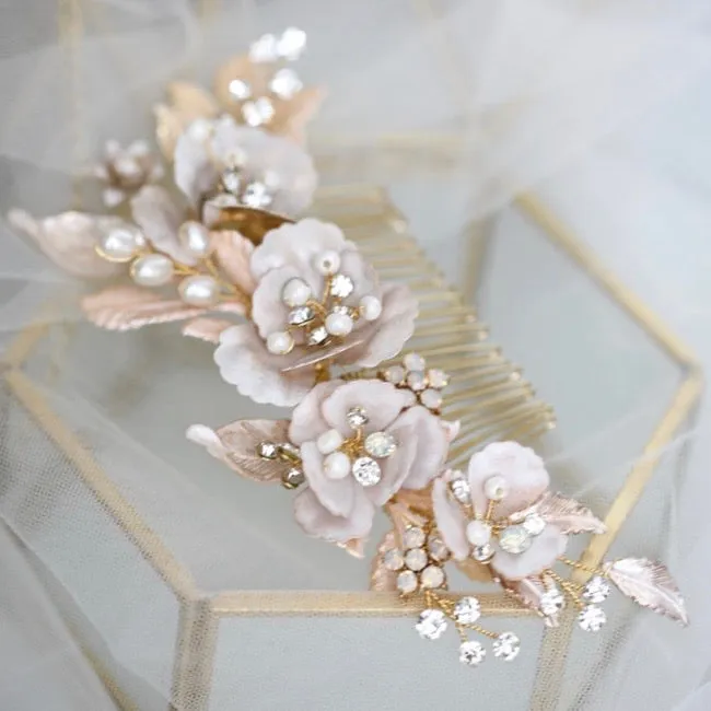 C108. blush pink flower hair comb, bridal hair comb