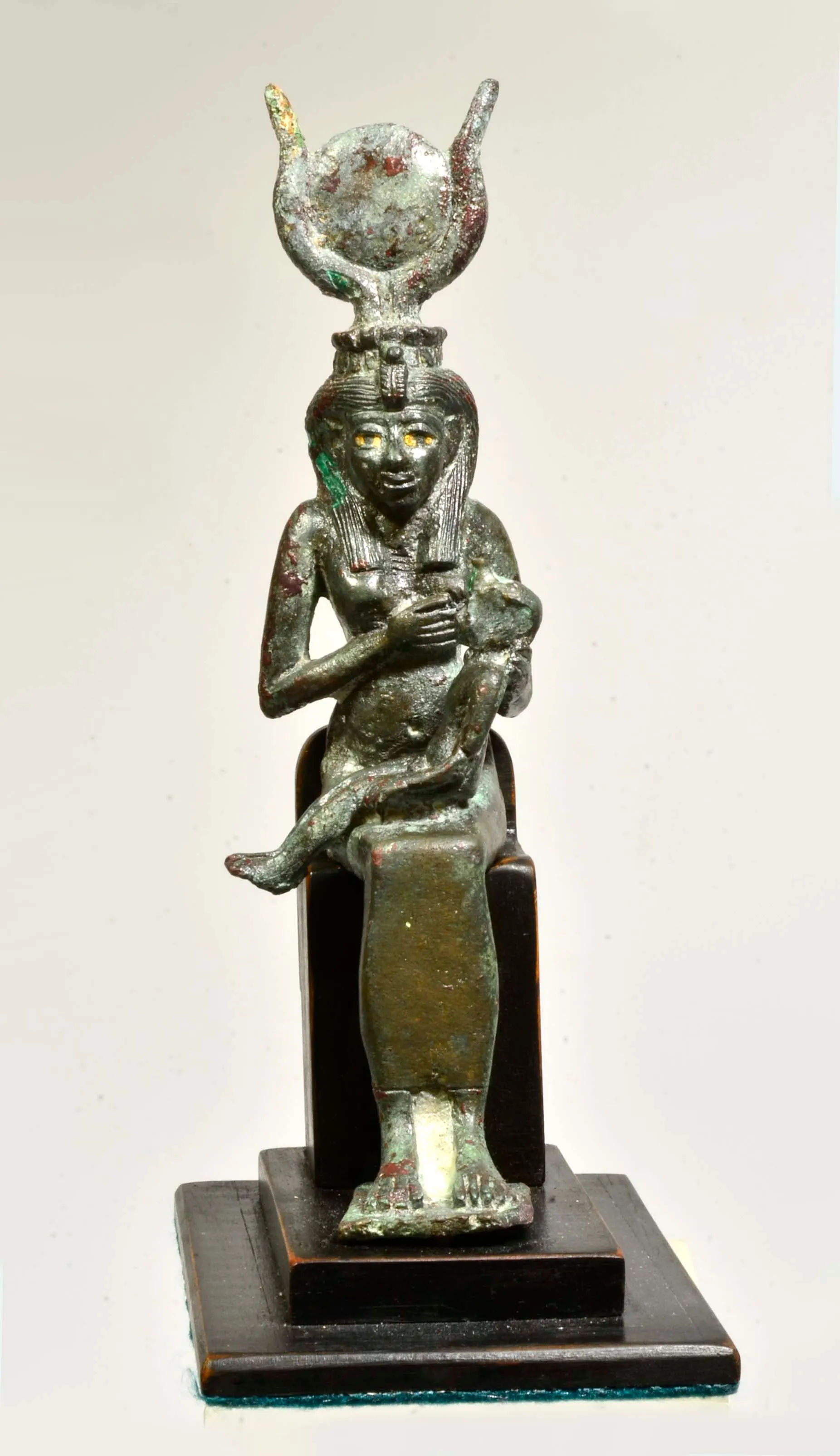 Fine Egyptian Bronze Goddess Isis Nursing Horus with inlaid Eyes